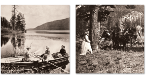 Two black and white images circa the 1800s are shown side-by-side. The left image shows three white women in a row boat. Two sit facing the bough, the third sits facing the stern with oars in hand. The right image shows two horse-drawn carriages parked in a wooded area. A white man and woman sit in one carriage. A white woman in a white dress stands off to the side facing their carriage. 